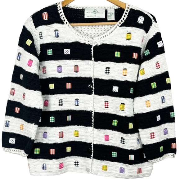 VTG Design Options Knit Black & White Stripes & Patchwork Detail Cardigan S - Picture 9 of 9